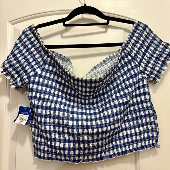 Arizona Jean Company Blue and White Plaid Off-Shoulder Top - Picture 4 of 5